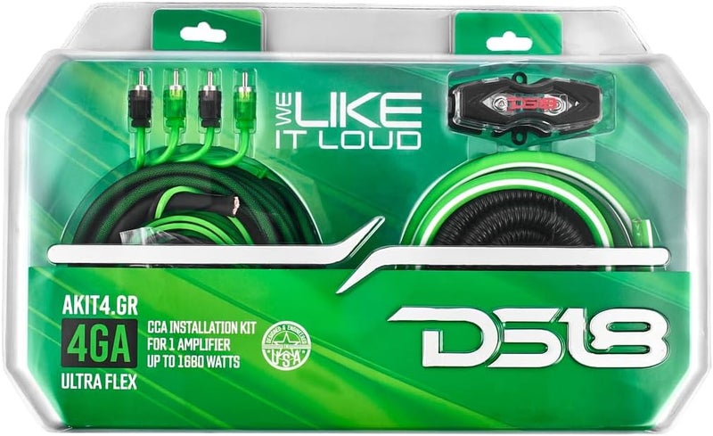 DS18 طقم تركيب مضخم الصوت AKIT4.GR 4-GA حتى 1680 واط RMS، حامل فيوز Mini-ANL، كابلات مكبر الصوت وRCA، طقم أسلاك مضخم CCA، سلك فائق المرونة، طقم أسلاك مضخم، طقم أسلاك مضخم 4 Gauge - أخضر - Image 5